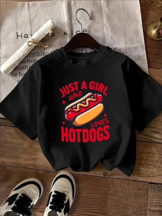 Women'S Trendy Casual 'Just A Girl Who Loves Hot Dogs' Letter Graphic Printed Round Neck Short Sleeve T-Shirt