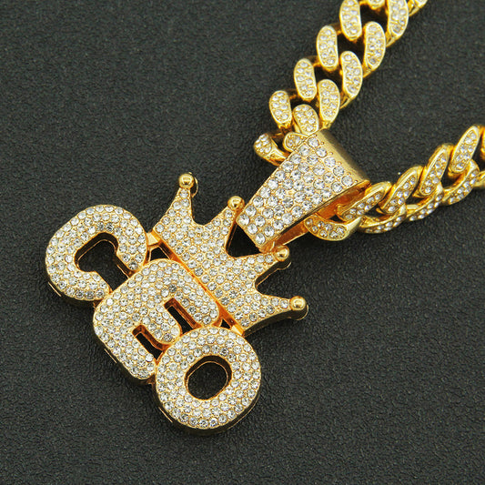European Hip Hop Full Diamond Crown Letters Pendant Cuban Necklace.cJ