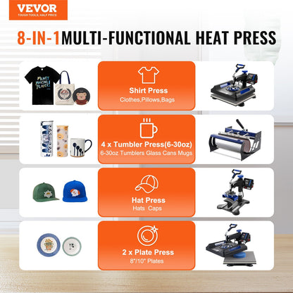 8 In 1 Heat Press Machine 15x15 In 30oz Tumbler Press T-Shirts Black Blue