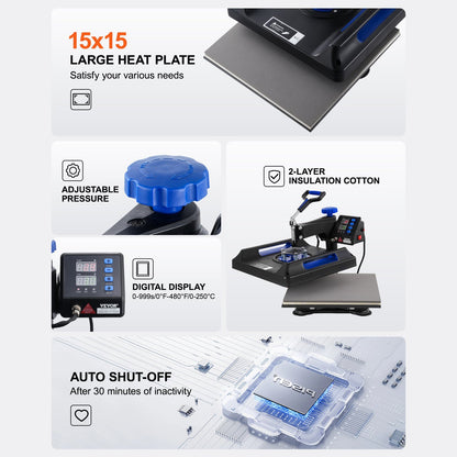 8 In 1 Heat Press Machine 15x15 In 30oz Tumbler Press T-Shirts Black Blue