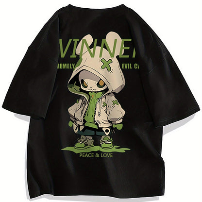 Cartoon Rabbit Pattern Printed T-shirt, Casual Short Sleeved Round Neck T-shirt, Summer Outdoor Men's Clothing