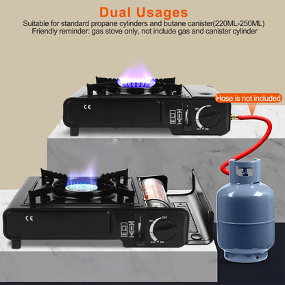 1Pc 3300W Portable Camping Stove Butane Canister Dual Fuel Burner Piezo Electric Ignition Single Burner With Automatic Tank Ejection Overpressure Cut Off Carry Case For Camping Hiking Picnic Fishing B